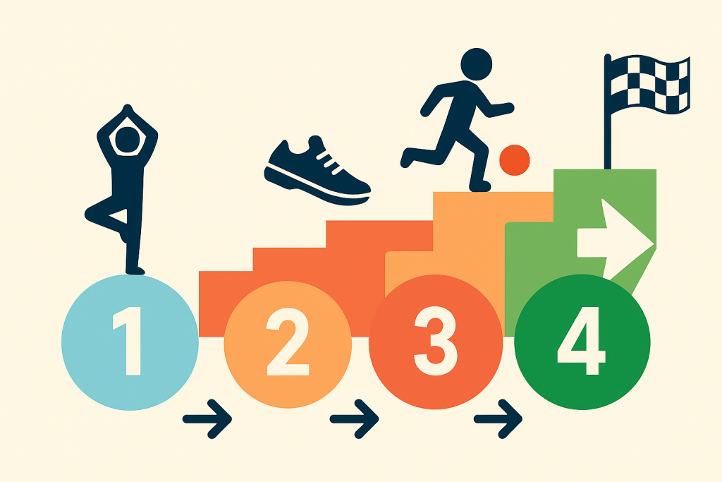 Infographic showing four progressive steps of physical activity for kids and teens. Step 1: a child stretching, Step 2: dribbling a basketball, Step 3: performing a volleyball bump, Step 4: scoring with a ball at a hoop next to a finish flag. The steps are arranged like stairs going upward, symbolizing gradual progression.