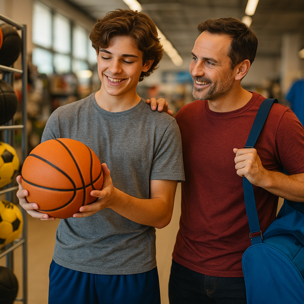 Père et adolescent choisissant des chaussures et équipements sportifs pour la rentrée sportive des enfants