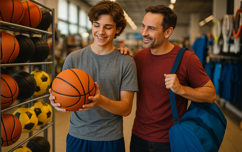 Père et adolescent choisissant des chaussures et équipements sportifs pour la rentrée sportive des enfants