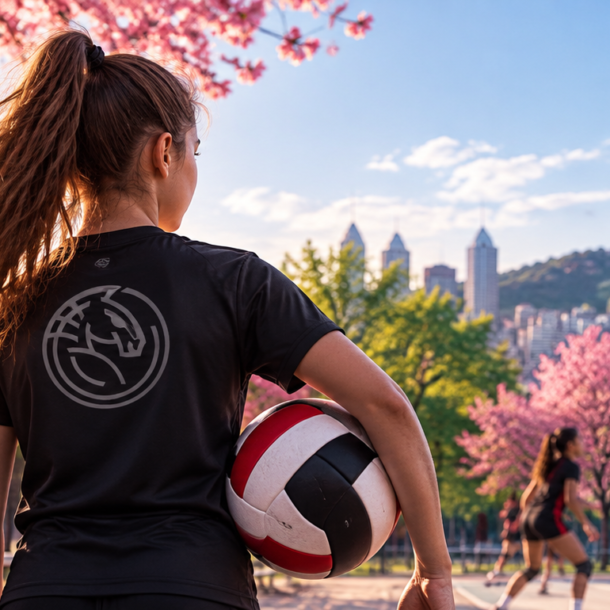 Bannière immersive représentant de jeunes athlètes pratiquant le basketball et le volleyball dans une ambiance printanière lumineuse, avec des éléments sportifs et le logo Stallion Sport Club intégré discrètement à la composition.