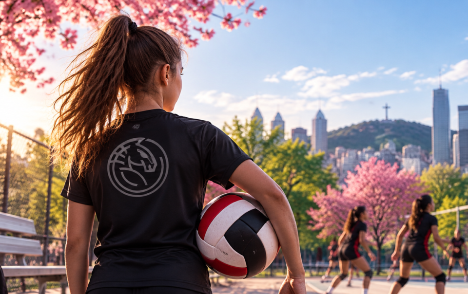 Bannière immersive représentant de jeunes athlètes pratiquant le basketball et le volleyball dans une ambiance printanière lumineuse, avec des éléments sportifs et le logo Stallion Sport Club intégré discrètement à la composition.