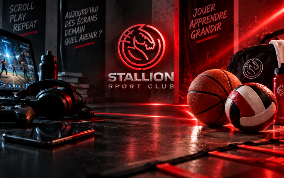 Illustration 3D immersive opposant l’univers des écrans et du sport : une station de jeu avec écran, manette et casque à gauche, et un ballon de basketball, un ballon de volleyball et de l’équipement sportif à droite, éclairés par des néons rouges et bleus. Le logo Stallion Sport Club apparaît au centre.