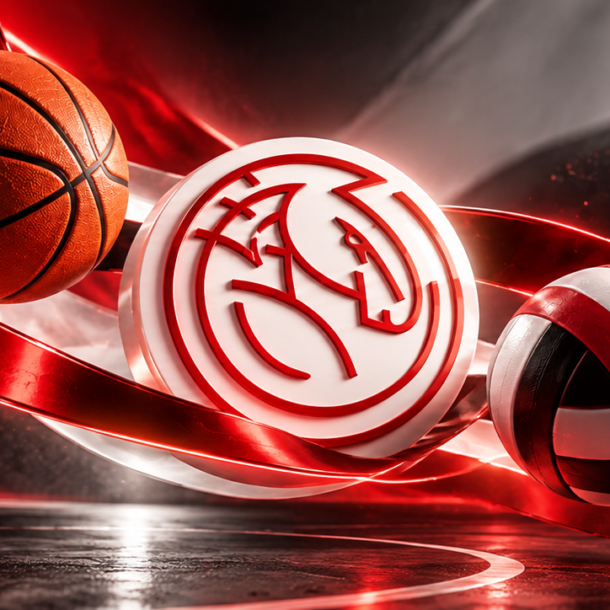Bannière 3D Stallion Sport Club représentant le basketball et le volleyball dans les couleurs rouge, noir et blanc du club.